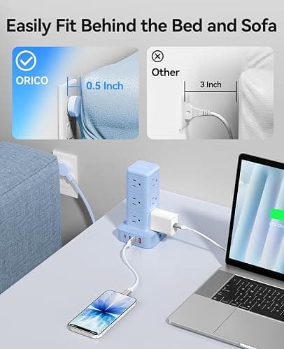 ORICO Power Strip Tower with Multiple Outlets, Tower Extension Cord with 12 AC Outlets 4 USB Ports (2 USB C), Space Saving Design, 5FT Cord Power Tower for Home, Office, Dorm - TPP20 thumbnail 6