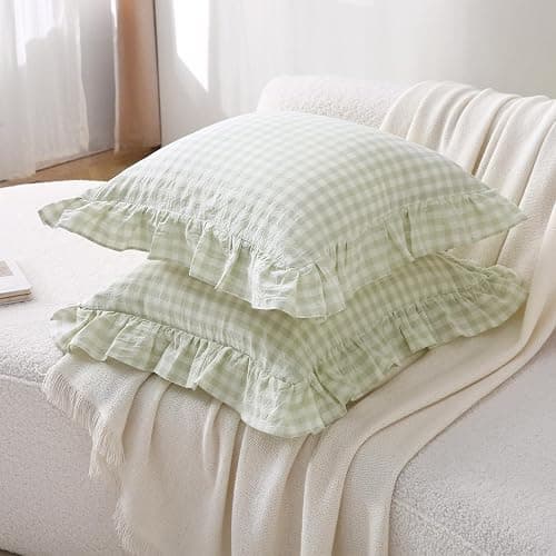K MASANIJI 2 Pack Pile Green White Plaid Ruffle Gingham Throw Pillow Covers, 100% Washed Cotton Checkered Farmhouse Decorative Pillow Shams for Bed/Sofa - 18‘’x18'' thumbnail 3