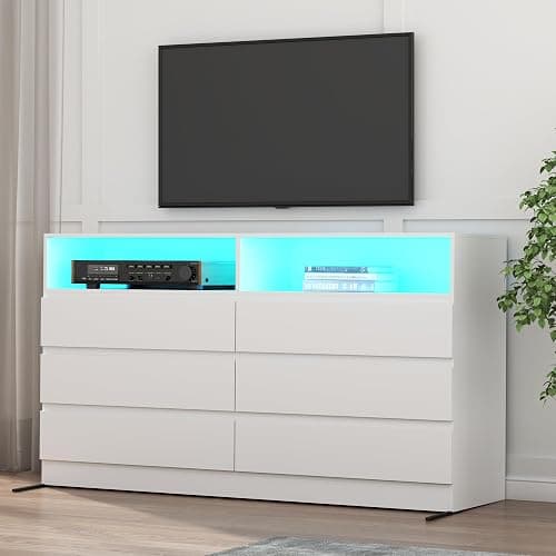 Gyfimoie White 6-Drawer Dresser for Bedroom w/Power Outlet and LED Light | Modern Double Dresser with 2 Open Cubbies, Spacious Chest of Drawers, and TV Stand Function for Living Room thumbnail 6