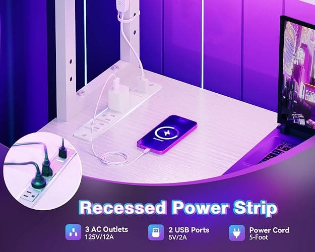AODK L Shaped Desk Gaming Desk with LED Light & Power Outlet, 53 Inch Reversible L Shaped Computer Table with Shelf, Corner Desk with Storage Bag&Hook for Home Office Desk, White thumbnail 5