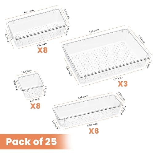 KICHLY 25 Pack Clear Plastic Desk Supplies Organizer, 4 Sizes Desk Drawer Organizer for Office Supplies, Vanity Organizers, Makeup, Gadgets, & Jewelry Storage Bins thumbnail 3