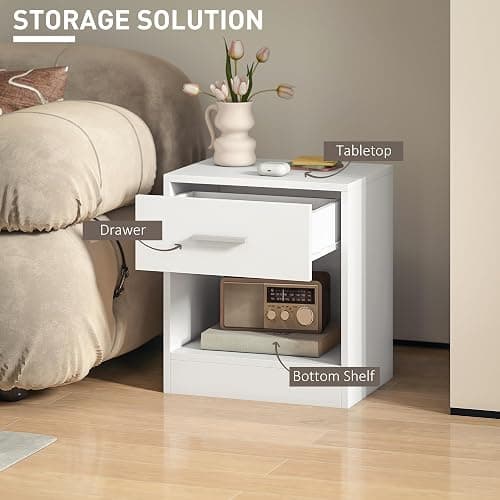 HOMCOM Modern Side Table, Accent Table with Drawer and Storage Shelf, End Table for Living Room, White Wood Grain thumbnail 4