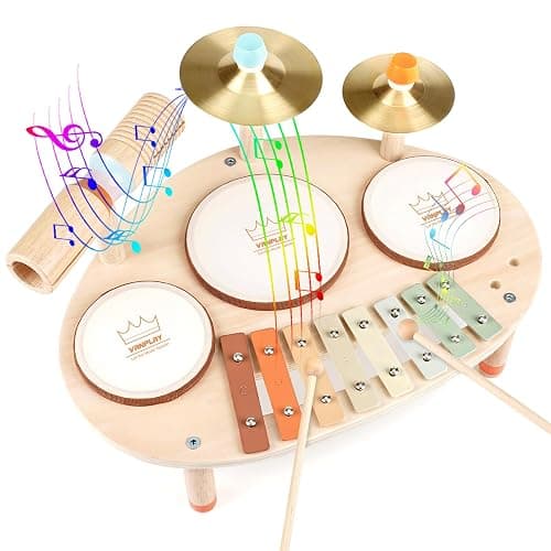 Drum Set for Toddler - Toys for 2 3 4 Year Old Girls Boy Gifts - 9 in 1 Wooden Montessori Musical Instruments with Xylophone for Kids 3-5, Christmas Birthday Gifts for Toddlers 2-4 - Image 1
