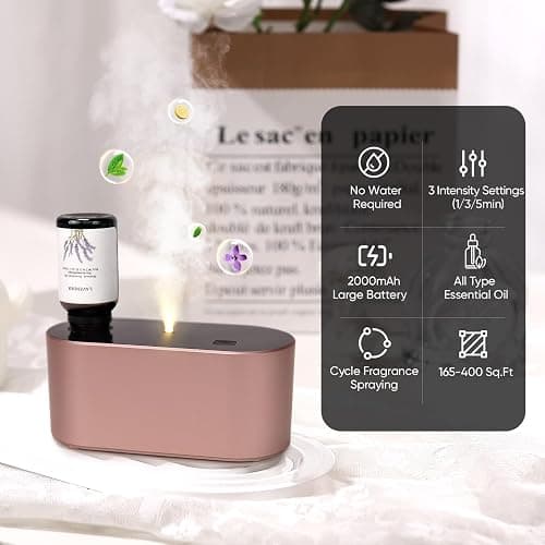 Lecdura Waterless Diffuser for Essential Oil, Battery Operated Scent Air Aromatherapy Diffuser, Mini Aroma Diffusers with 3 Intermittent Mist Modes, Cycle Start for Home Office Bedroom - Rose Gold thumbnail 2
