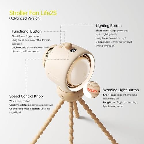 JISULIFE Baby Stroller Fan Portable, Small Battery Operated Fan, Car Seat Fan with 100 Speeds, Air Purify and Air Enhance Tech, Bladeless, Food-Grade Gifts Fan for Outdoor, Treadmill, Golf - Brown thumbnail 6