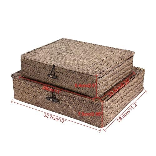 Hipiwe Set of 2 Flat Woven Wicker Storage Bins with Lid Natural Seagrass Basket Multipurpose Home Boxes for Shelf Organizer (Coffee) thumbnail 5