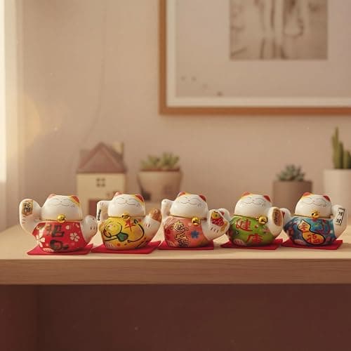 HANTHES Lucky Cat Figurines Set of 5 Mini Maneki Neko Small Cat Figurines 2 Inch Ceramic Beckoning Cat Statues Japanese Fortune Cat Decor for Home Desk Shelf Collection Gift with PVC Box thumbnail 6