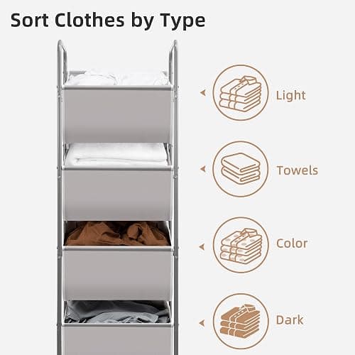 STORAGE MANIAC Vertical Rolling Laundry Hamper, 4 Section Laundry Sorter with Wheels and 2 Breaks, 4-tier Laundry Baskets for Small Space, Dorm, Laundry Room, Closet, Bathroom, Gray 4-tier thumbnail 5