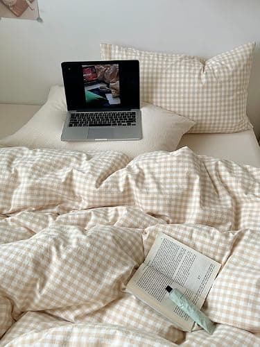 Lanqinglv Single Duvet Cover Set Beige Checkered Gingham Bedding Single Bed | Duvet Cover Single with Zipper Closure,1 Pillowcase 50x75cm,All Season,Oeko-Tex certified,Machinewashable,Great Gift,Soft thumbnail 5
