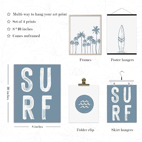 BearCake Coastal Summer Beach Surfing Wall Art Set of 4, Surf Room Decor, Beachy Room Decor Aesthetic, Coastal Wall Decor, Nautical Wall Art Decor, Coastal Beach House Decor, 8x10 Inches thumbnail 5