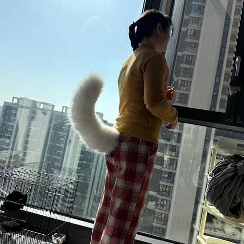 Movable Furry Tail Costume Accessories, Real Fur, Halloween Party Cosplay Dress (White) thumbnail 5