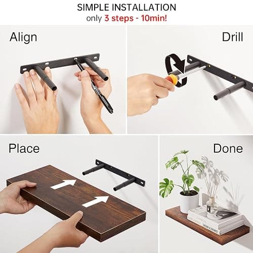 BAYKA Rustic Brown Bathroom Floating Shelves, 15.7in, 3Pk, Wall Mount Shelf | Easy Install, 22lbs Max Load, Hidden Bracket, for Living Room Bedroom Kitchen Display Storage Decor, Multi-Wall Compatible thumbnail 8