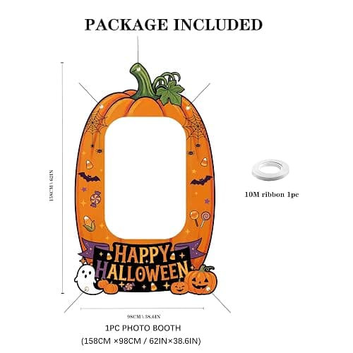 Giant Halloween Photo Booth Props 62x38.6 Inch, Pumpkin Picture Frame Cutout with 10M Ribbon, Happy Halloween Backdrop for Kids Trick or Treat Party Supplies Outdoor Indoor Decorations thumbnail 2