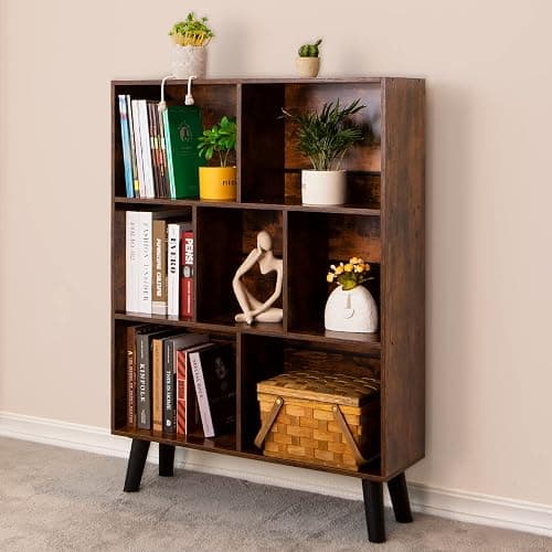 LEYAOYAO Cube Bookshelf 3 Tier Mid-Century Rustic Brown Modern Bookcase with Legs,Retro Wood Bookshelves Storage Organizer Shelf,Freestanding Open Book Shelves for Bedroom,Living Room,Office - Image 1