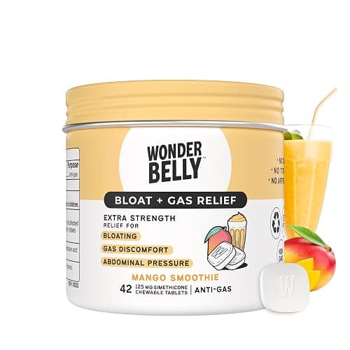 Wonderbelly Bloat + Gas Relief, Extra Strength Chewable Tablets, with 125 mg Simethicone, No Talc or Dye, Mango Smoothie, 42 Count - Image 1