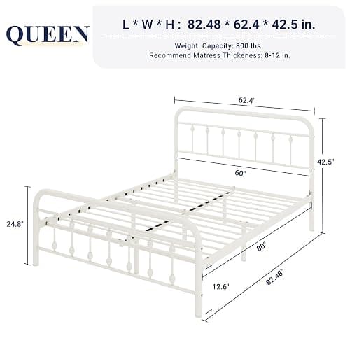 Allewie 14 Inches Queen Size Metal Platform Bed Frame with Victorian Style Iron-Art Headboard/Footboard, Mattress Foundation, Easy Assembly, Under Bed Storage, No Box Spring Required, Off White thumbnail 2