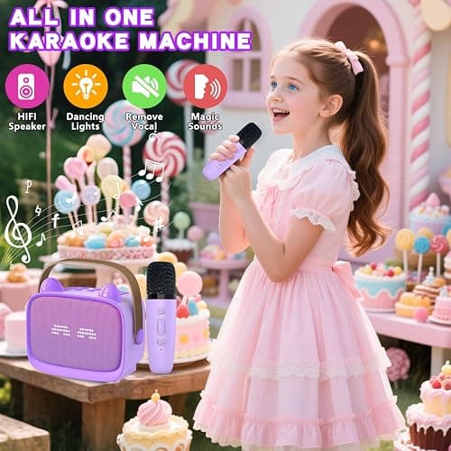 Mgaolo Upgraded Mini Karaoke Machine Toy for Kids, Portable Bluetooth Speaker with 2 Wireless Mics, Emoji & Colorful LED Lights, Home Travel & Party Play Gifts for Boys Girls (Purple) thumbnail 2