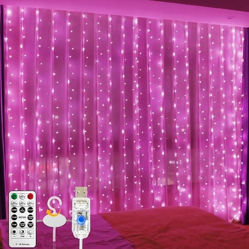 ZSJWL 300 LED Curtain Fairy Lights with Remote, 9.8 × 9.8 Ft, USB Plug in | 8 Modes, Waterproof, Twinkle Silver Wire, String Lights for Bedroom, Windows, Christmas, Wedding and Party Decor, Pink - Image 1
