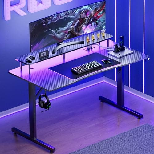 GTRACING 55 Inch Gaming Desk with LED Lights & Power Outlet, Computer Gamer Desk with Monitor Stand, Ergonomic Carbon Fiber Gaming Table Home Office Desk with Headphone Hook & Mouse Pad thumbnail 2