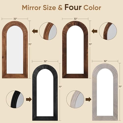 Coomily Full Length Mirror, 71"x32" Wooden Mirror Full Length with Stand Wood Floor Mirror, Oversized Stand Up Mirrors Large Wall Mirrors, Wall Mounted Mirrors, Arched Vintage Style, Walnut thumbnail 2