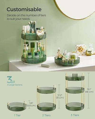 SONGMICS Makeup Organiser Rotating, 3-Tier Round Skincare Organiser, Customisable, Toiletries Cosmetics Organiser, Gift, Pale Green JKA011C01 thumbnail 3