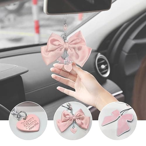 Pink Bow Rear View Mirror Hanging Ornament, Cute Car Accessories for Women & Girls, Car Interior Decor Charm,Rear View Mirror Decorations, Girly Auto Accessories Hanging car Charm thumbnail 5