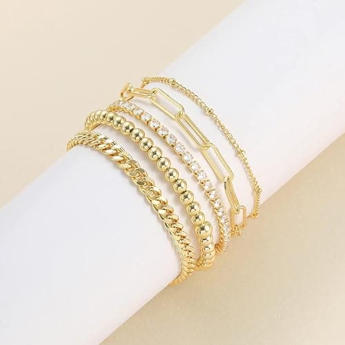 DEARMAY 14K Gold Plated Bracelets for Women, Jewelry Sets Cute Tennis Beaded Bracelets Cuban Link Paperclip Chain Dainty Bracelet Pack Gifts thumbnail 7