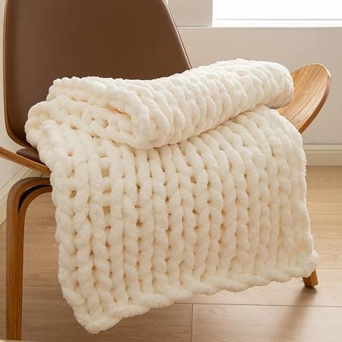 WESHIONGOO Chunky Knit Blanket Throw 40"×40" Knitted Throw Blankets for Couch Bed Fluffy Soft Blanket with Jumbo Chenille Yarn Thick 100% Handmade (Cream White) thumbnail 7