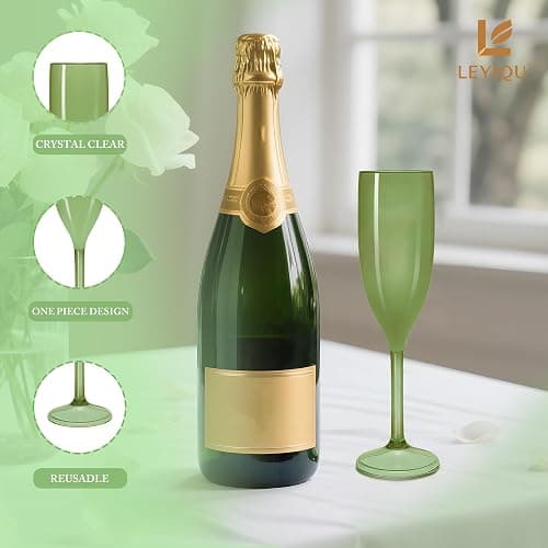 LEYIQU Green Champagne Flutes Set of 24, Plastic Pure Acrylic Glasses Goblets Cups Shatterproof Reusable, for Valentine’s Day Wedding Party Mimosa Bar Anniversary Event Drinks thumbnail 6