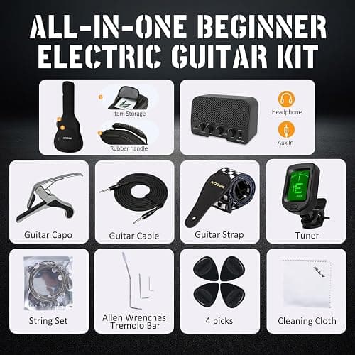 AODSK Electric Guitar with Amp Beginner Kit 39 Inch Solid Body Full Size,All Accessories,Digital Tuner,Six Strings,Four Picks,Tremolo Bar,Strap,Gig Bag,Starter kit (Black-SSS) thumbnail 2