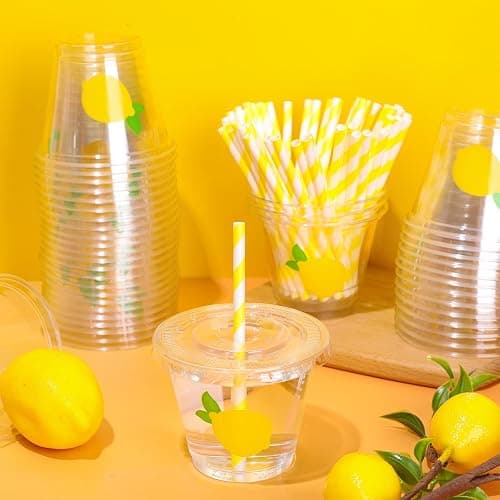 Whaline 100 Pcs Lemon Disposable Plastic Cups with Lids and Straws 9 Oz Party Cups Yellow Lemon Cold Beverage Drinking Cup for Iced Coffee Smoothie Juice Tea thumbnail 2