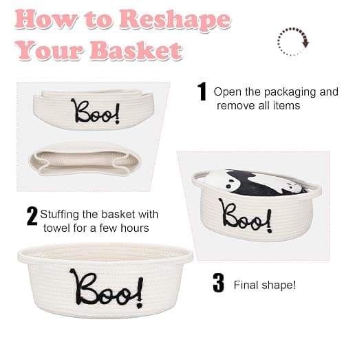 Reallnaive Halloween Boo Woven Basket Cute Storage Spooky Basket with Handle Boo Woven Trick or Treat Gift Organizer for Halloween Party Favors and Decorations Women Men(White,12 x 8 Inch) thumbnail 7