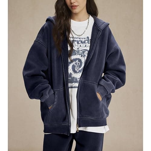 Talakeno Womens Double Zip Up Hoodies Oversized Heavyweight Fleece Sweatshirt Acid Wash Hoodie Vintage Distress Cotton Jacket thumbnail 2