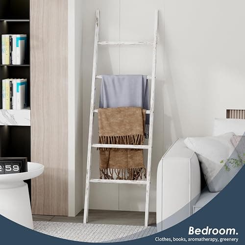 Delywh 5-Tier Blanket Ladder Wooden, 5.3FT(63'') Blanket Quilt Holder Rack Decorative Ladder, Easy Assembly, Rustic Farmhouse Ladder Shelf for The Living Room Bedroom Bathroom Home Decor, White Wash thumbnail 7