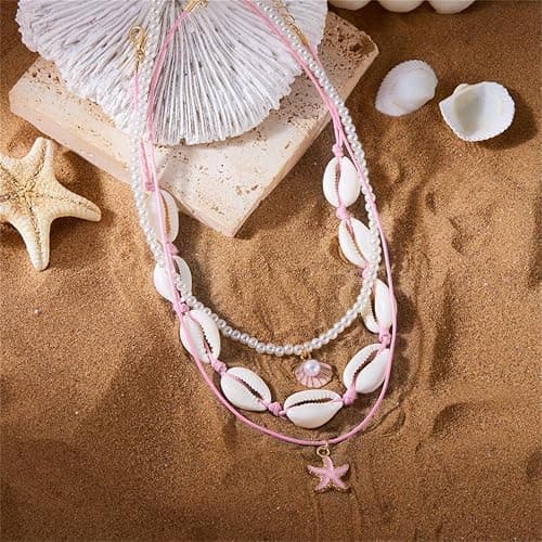 Shell Beach Choker Necklace Set for Women Boho Layered Beaded Adjustable Starfish Conch Shell Nacklace Imitaion Pearl Rice Beads Necklace Summer Ocean Vacation Jewelry thumbnail 3