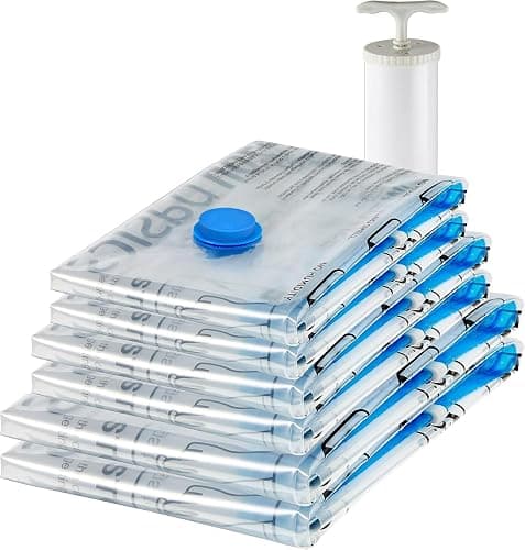 Amazon Basics fermeture éclair housses de rangement sous vide avec pompe manuelle, Lot de 6, Plusieurs (2 jumbo, 2 L, 2 M taille), Clair, Bleu - Image 1