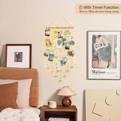 Mkono Hanging Photo Display Boho Macrame Wall Decor with Light, Teen Girl Teenage Gifts, Pictures Cards Frame Holder Art Hanger for Christmas Birthday Party Bedroom Dorm, with 30 Wood Clips, Ivory thumbnail 3