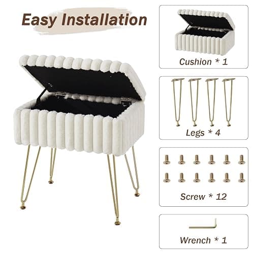EBENCHICO Vanity Stool Chair with Storage, Faux Fur Stools for Vanity | Makeup Ottoman, Foot Stool, with 4 Metal Legs, Adjustable Feet, Small Vanity Bench, for Living Room Bedroom, White thumbnail 9