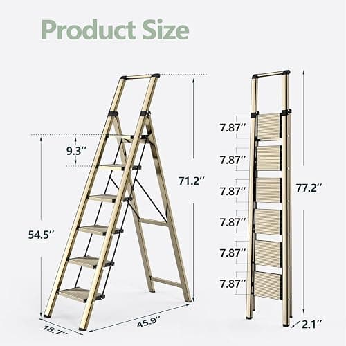 WOA WOA 6 Step Ladder, Lightweight Folding Ladder with Non-Slip Wide Pedals, Ladder with Safe Grip Handle, Easy to Open and Close, Suitable for Home and Outdoor - Brown Gold - 6 step - Brown Gold thumbnail 2
