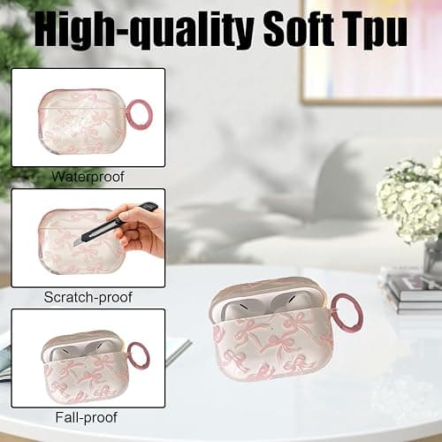 Compatible with AirPods 4 Case Clear Cute Bow Pattern for Girls Women Shockproof Drop Protection Scratch Resistant Case Cover with Keychain, Pink thumbnail 5