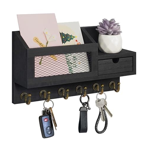 FifthQuarter Key and Mail Holder for Wall, Mail Organizer Wall Mount with 6 Hooks and Storage Drawer, Easy Installation Key Rack for Entryway and Home Decor (B-Black) - B-Black - Image 1