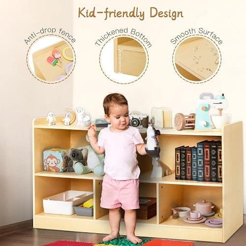 PTINFLUCE Montessori Shelf, Wooden Toy Storage Organizer for Books Toys, 2 Shelf Bookcase, 5-Section Storage Cabinet, Toddler Book Shelf for Kids Rooms, Playroom, Nursery, Kindergarten (Natural) thumbnail 3