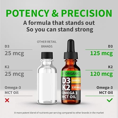 (2 Pack) Organic Vitamin D3 K2 Drops with MCT Oil Omega 3, 5000 IU, Maximum Strength Vitamin D Liquid, No Fillers, Non-GMO Liquid D3 for Faster Absorption and Immune Support (Unflavored, 2 Fl Oz) thumbnail 2