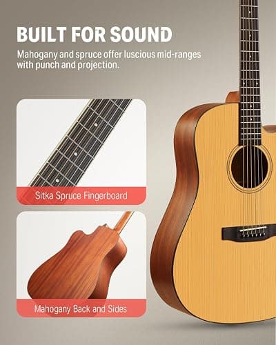 Donner 41” Acoustic Guitar Bundle for Beginners Adults with Online Lesson, 4/4 Full Size Steel Acustica Guitarra with Gig Bag, Tuner, Strap, Strings, Picks, Capos, Cutaway, Natural, DAG-1C/DAD-110C thumbnail 2