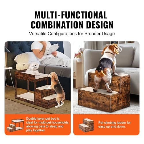 VEVOR Pet Bunk Bed with Stairs, Dog/Cat Window Perch for High Beds and Couches, Medium Multi-Level 3 Step Dog Seat Platform Sleeper Couch, Practical for Modern Homes (Rustic Brown) thumbnail 3