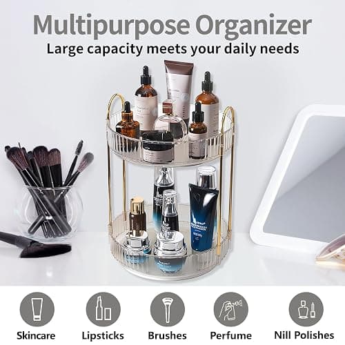 Asayuee 360 Rotating Makeup Organizer,2 Tier Large Capacity Make Up Organizers and Storage,Skincare Perfume Vanity Organizers,Bathroom Cosmetics Storage Organizer Countertop(Clear-2 Tier) - White - 2 Tier thumbnail 7