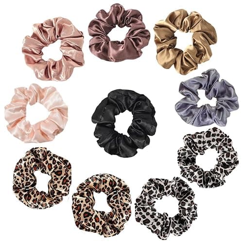 Satin Scrunchies for Women and Girls Satin Hair Ties Scrunchies for Thick Hair or Thin Hair Curl Hair Soft and Durable hair ties no damage (12cm/4.7in) (6 Solids + 4 Leopard)] - Image 1