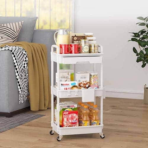 LLMRR 3 Tier Rolling Utility Cart with Drawer, Plastic Storage Organizer Rolling Carts with Wheels Handles Hanging Cups Hooks for Office, Bathroom, Kitchen,Craft Art Room (White) thumbnail 8