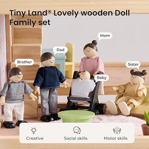 Tiny Land Wooden Dollhouse People Set, 5-Piece Poseable Wooden Doll Family with Dad, Mom, Brother, Sister, Baby and Stroller, Dollhouse Accessories Toy Pretend Play Gift for Kids Ages 3+ thumbnail 3