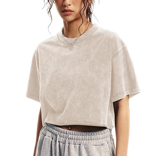 Talakeno Womens Oversized Vintage T Shirts Casual Cropped Tees Short Sleeve Cotton Acid Wash Tops Summer Grunge Shirts thumbnail 4